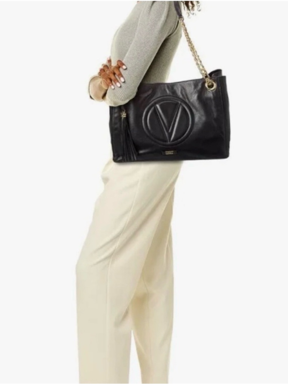 Valentino Black Leather Shoulder Bag with Gold Chain